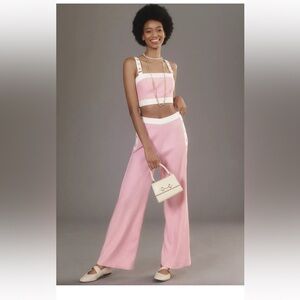 Anthropologie Maeve Linen Pink and White Wide Leg Pants Set
